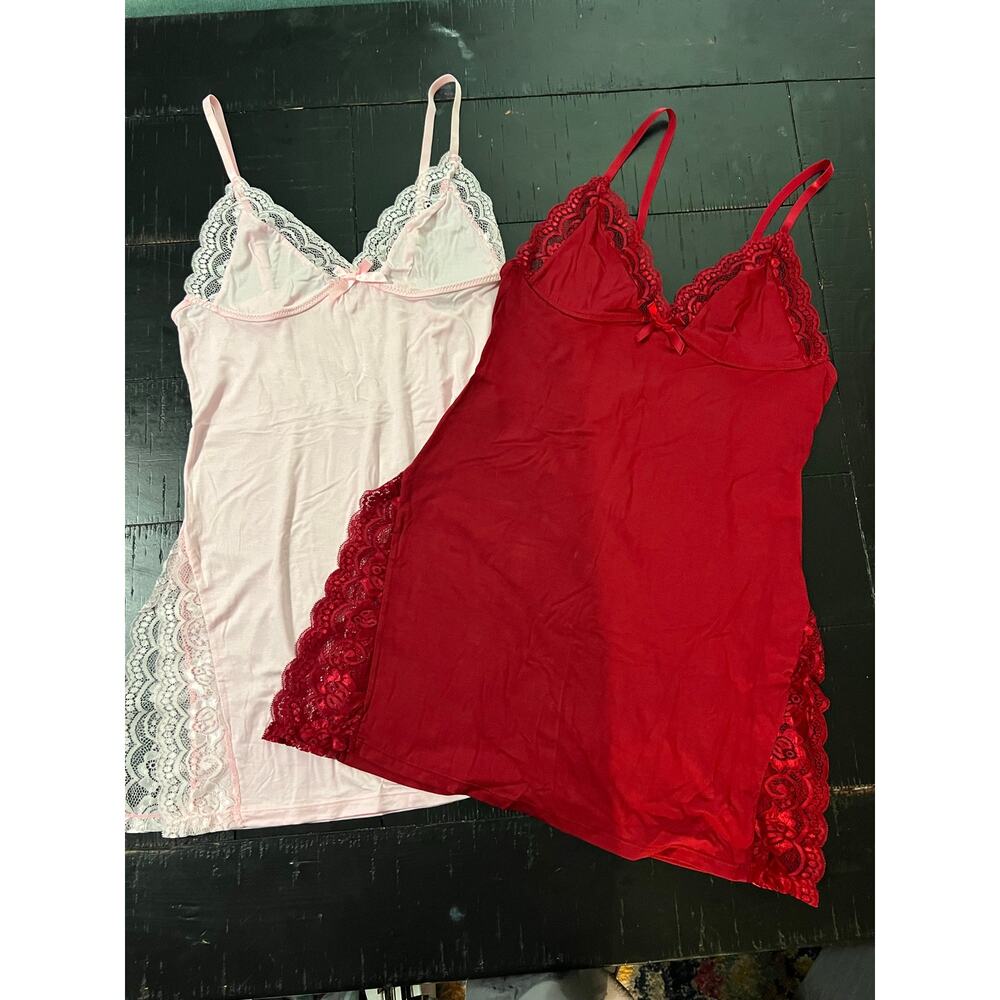 NWOT Size L SHEIN Lace Trim Slip Nightgown Chemise Lot - 2 Pack Pink & Red